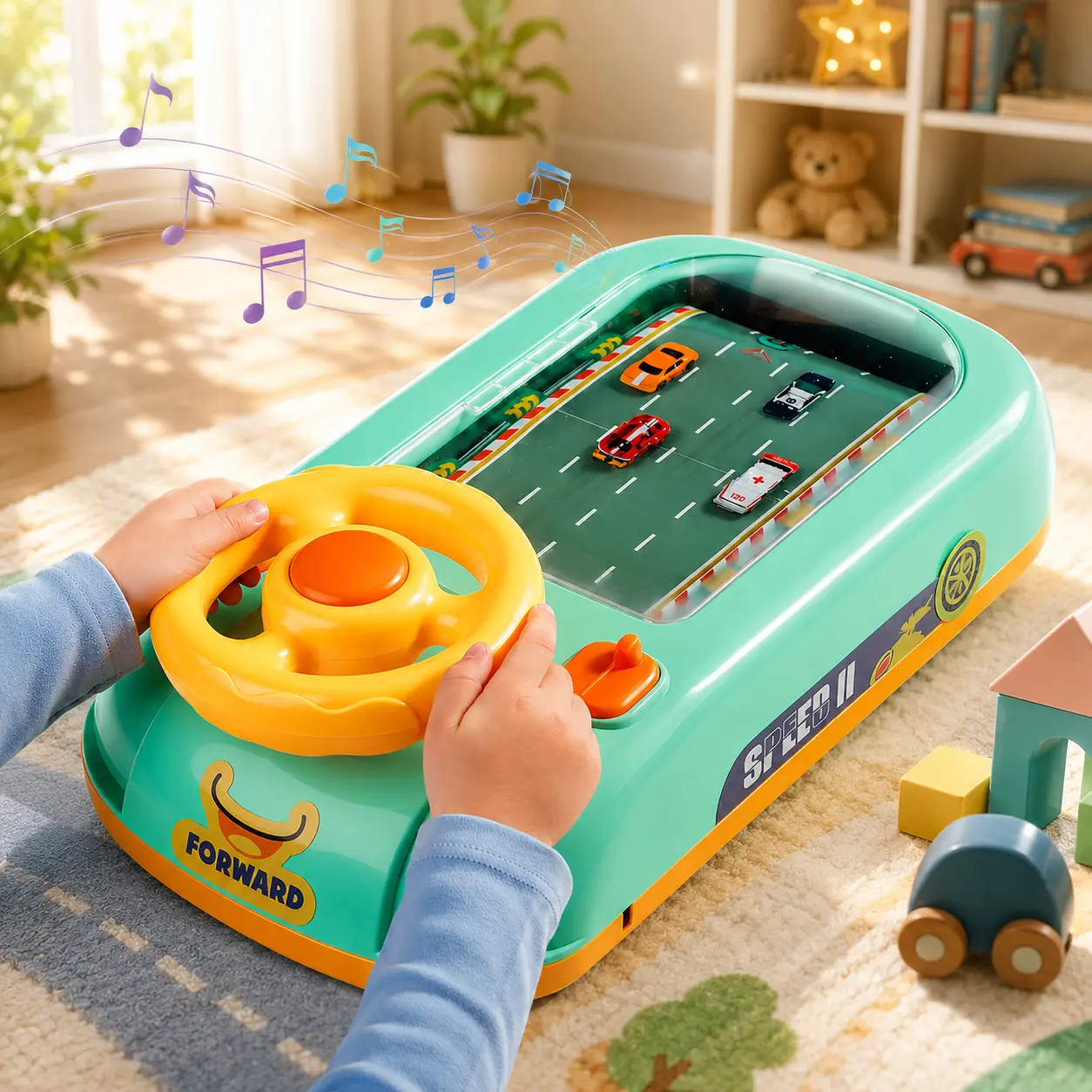 Toddler Steering Wheel Toy, Pretend Driving Simulator with Road Racing Game, Music, Horn, Siren Sounds and Speed Control, Interactive Car Toy for Kids