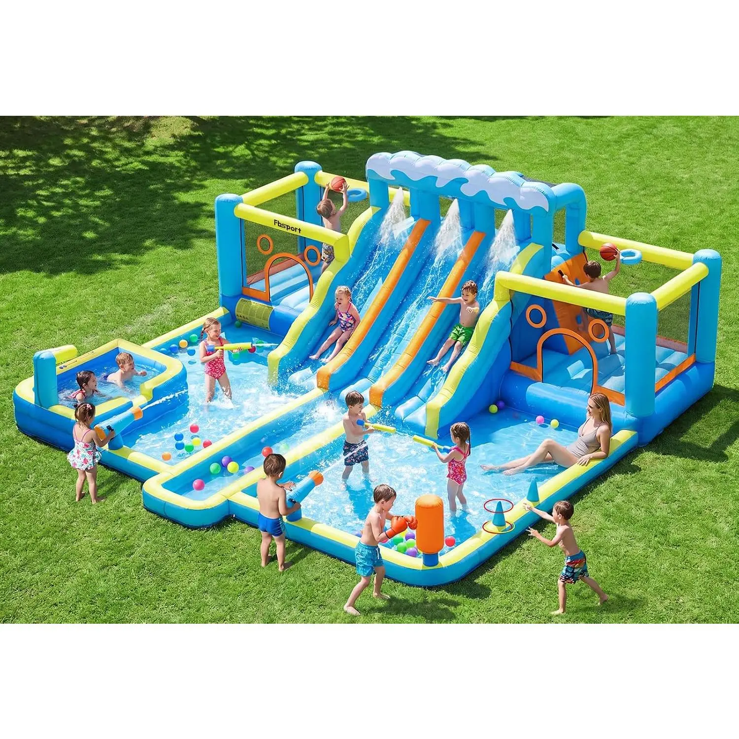 FBSPORT Inflatable Bounce House Water Slide, 3 Slides & 2 Bouncers 10-in-1 Water Slide Park Bounce House with 950W Blower, Bouncy Castle for Kids Backyard Party Outdoor, with Water Gun, Splash Pool