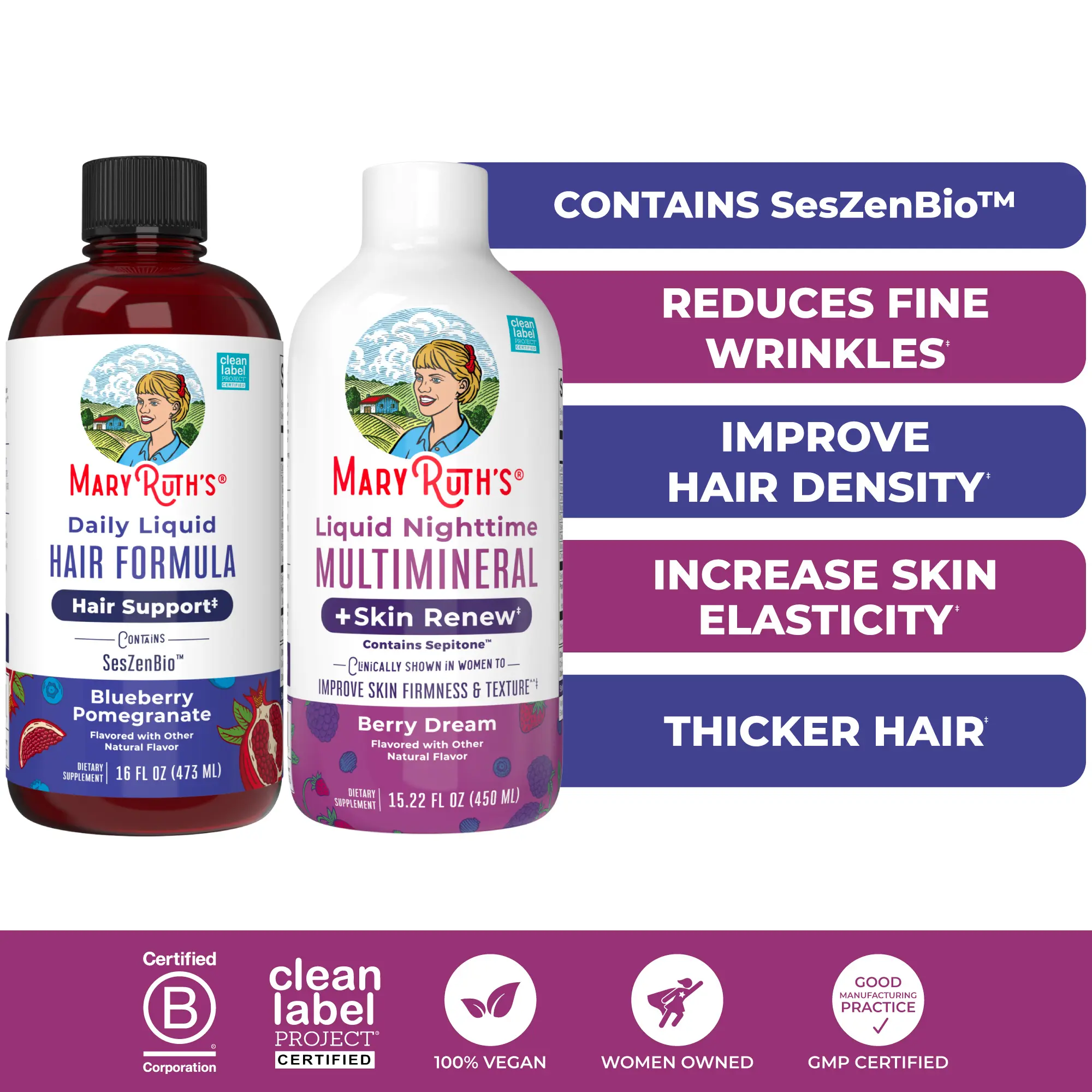 MaryRuth's Hair Care & Skin Renew Bundle - Daily Liquid Hair Formula 16 oz & Nighttime Multimineral + Skin Renew