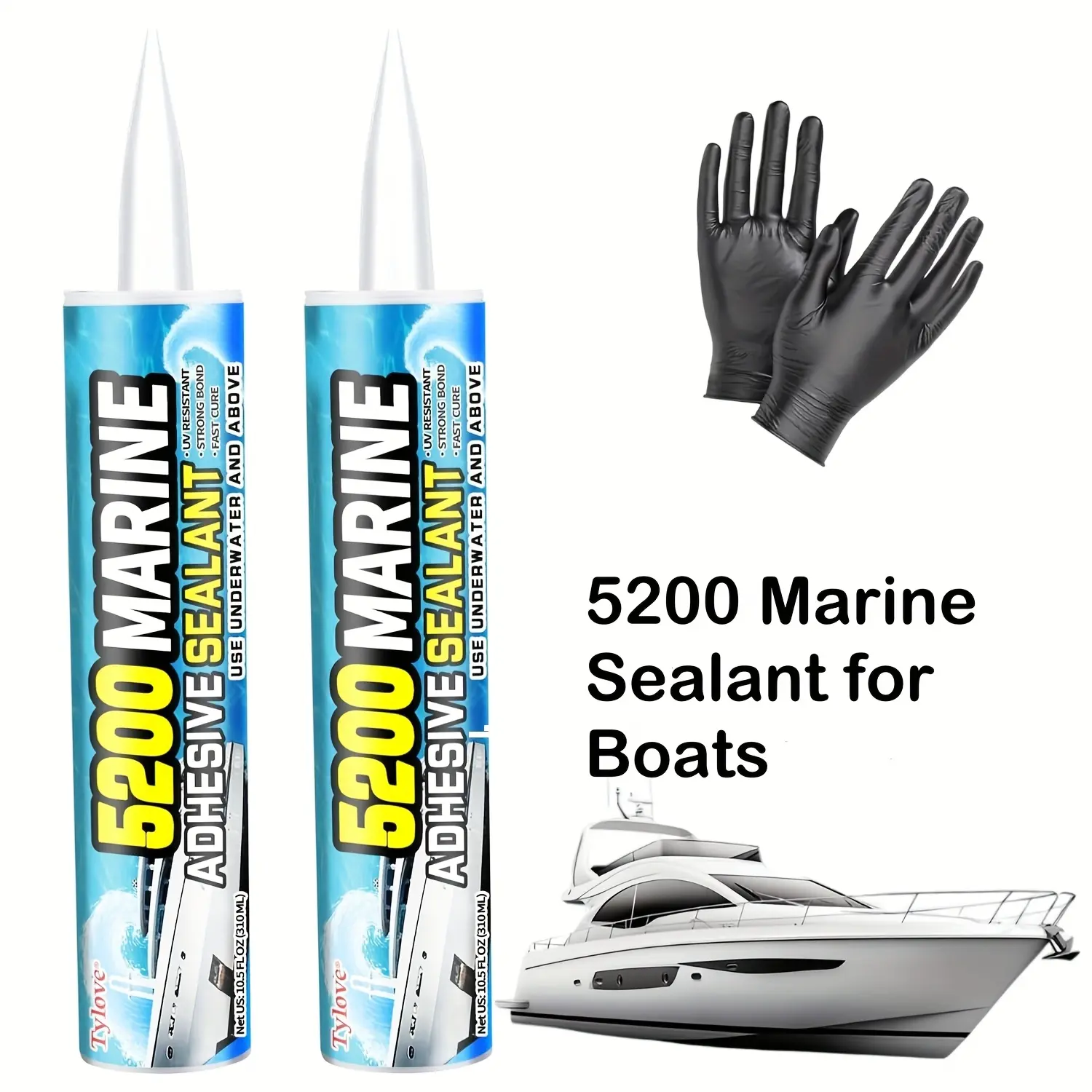 Ultra Strong Marine Adhesive Sealant 5200 Tube (2 Units with Gloves, Nozzle) - 30-Min Fast Waterproof Bonding Seal Sealers, UV-Resistant, Low-Odor, Paintable Cure, No Primer Needed, Bonds Fiberglass, Wood, Metal for Boats, Marine Sealing, Adhesive Sealant