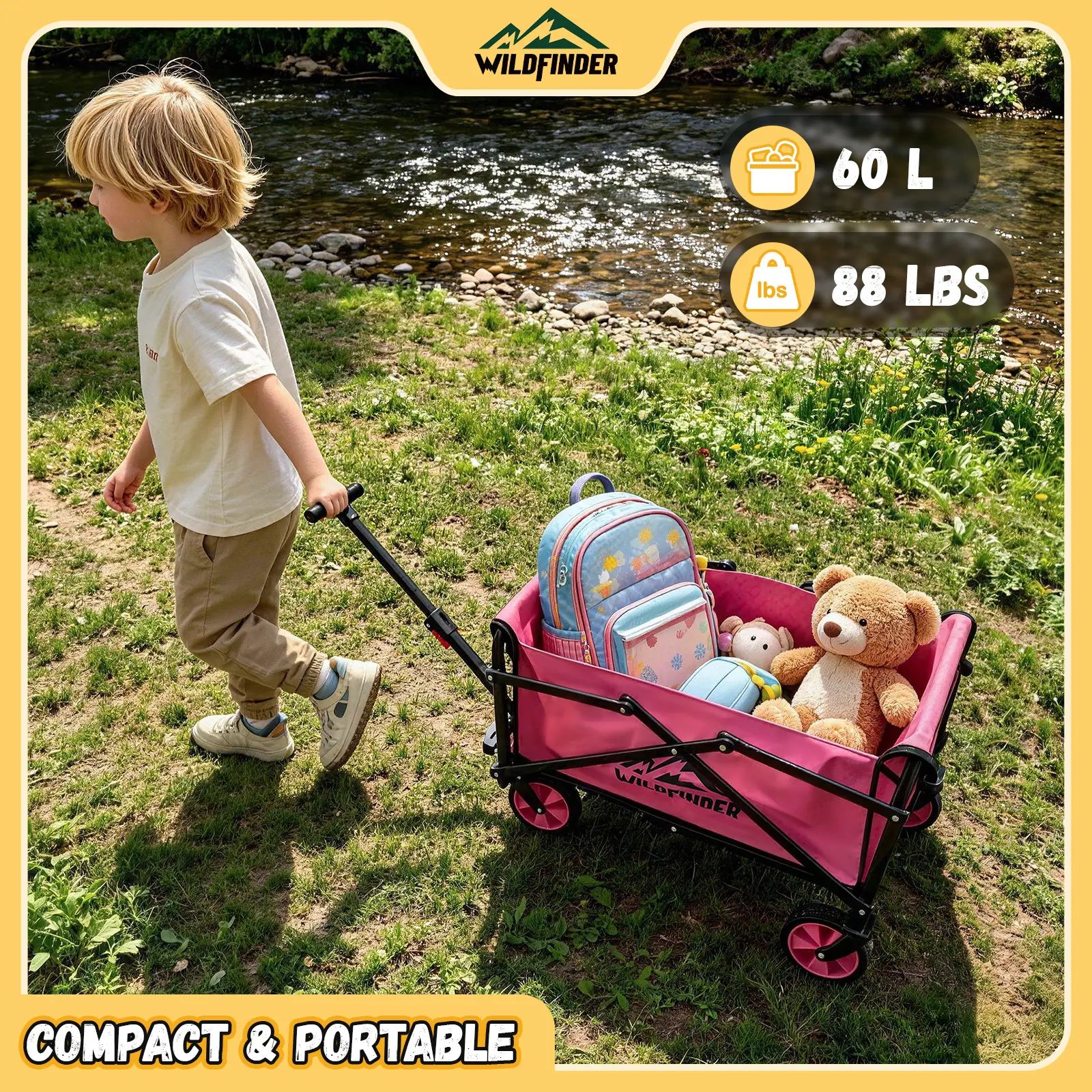 WildFinder Foldable Kids Wagon Cart, Compact & Lightweight Utility Wagon with Adjustable Handle, 60L Capacity, Portable Wagon for Park, Picnic, Grocery Shopping & Outdoor Family Activities