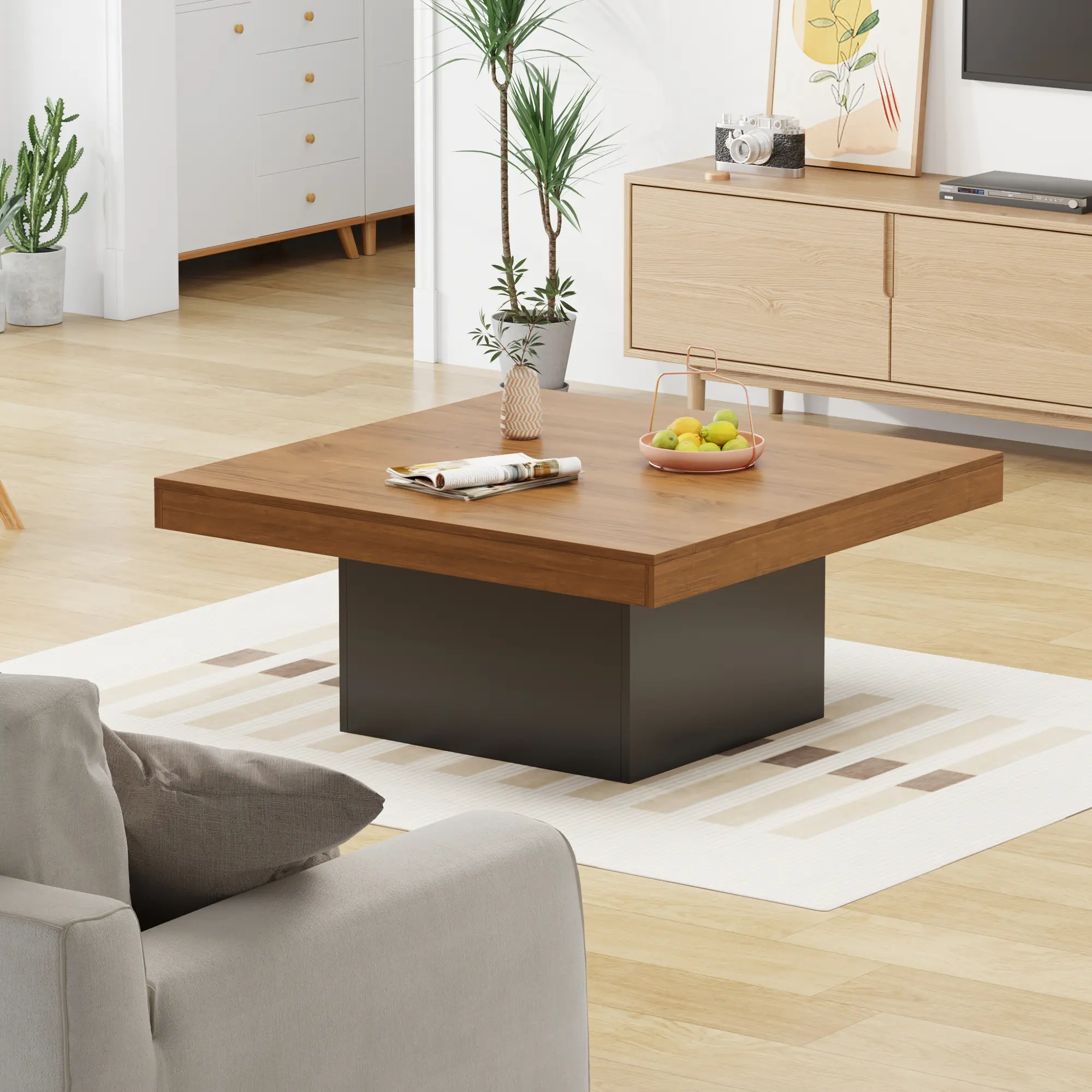 Square Coffee Table, 35 Inch LED Living Room Tables, Modern Coffee Tables with Plug-in 16-Color LED Lights, Cocktail Table for Home Office, Apartment, Reading Room, Easy Assembly