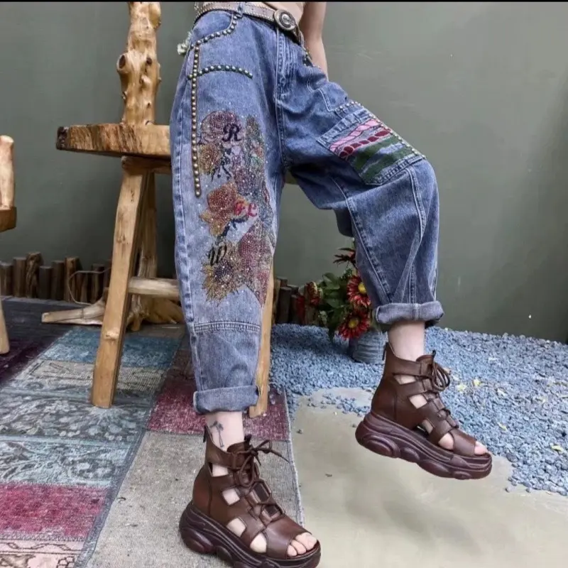 Women's Punk Chic Studded Rhinestone Jeans with Embroidery & Washed Wide-Leg Design - Bottom, Womenswear Pants Streetwear