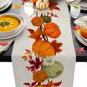 Thanksgiving Table Runner Maple Leaves Harvest Pumpkin Linen Washable Fall Thanksgiving Table Runner Kitchen Coffee Dining Table Decor 70.8x13”