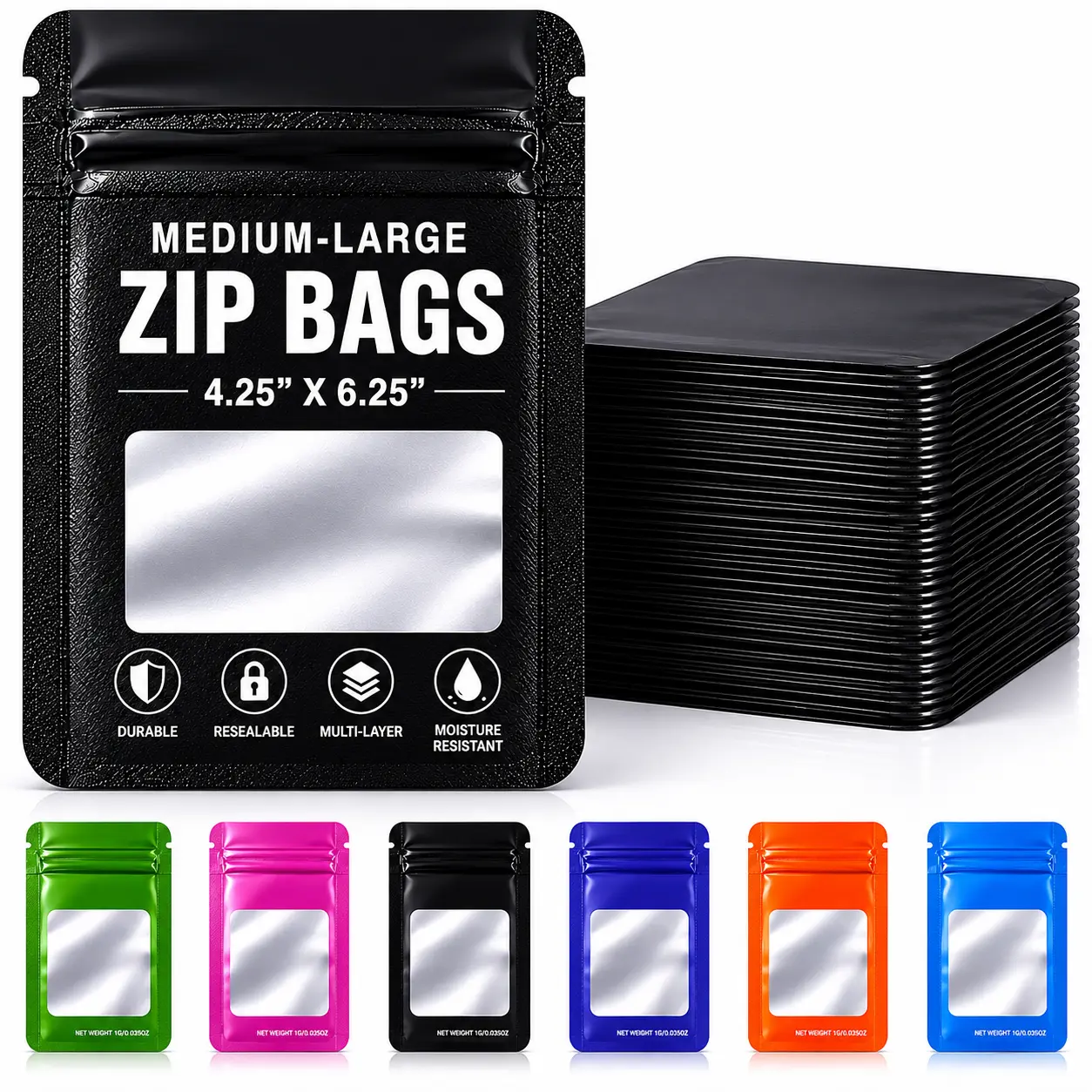 50 Pack - Med-Large Solid Color Zip-Seal Foil Pouches (4.25"x6.25") Square Style Selection
