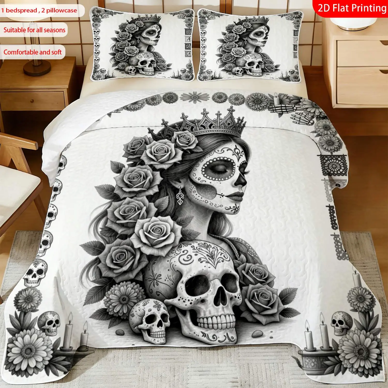 3 pcs, 2D Flat Print Day of the Dead Sugar Skull Bedspread Set, Soft and Comfortable, Multiple Sizes Available, Suitable for Gifting and Daily Use, Ideal for Creating a Cozy Home Atmosphere(1 bedspread , 2 pillowcases)