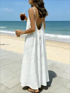 Women's Solid Color Backless Cami Dress, Casual Sleeveless Dress for Summer, Ladies Clothes for Beach Holiday Vacation