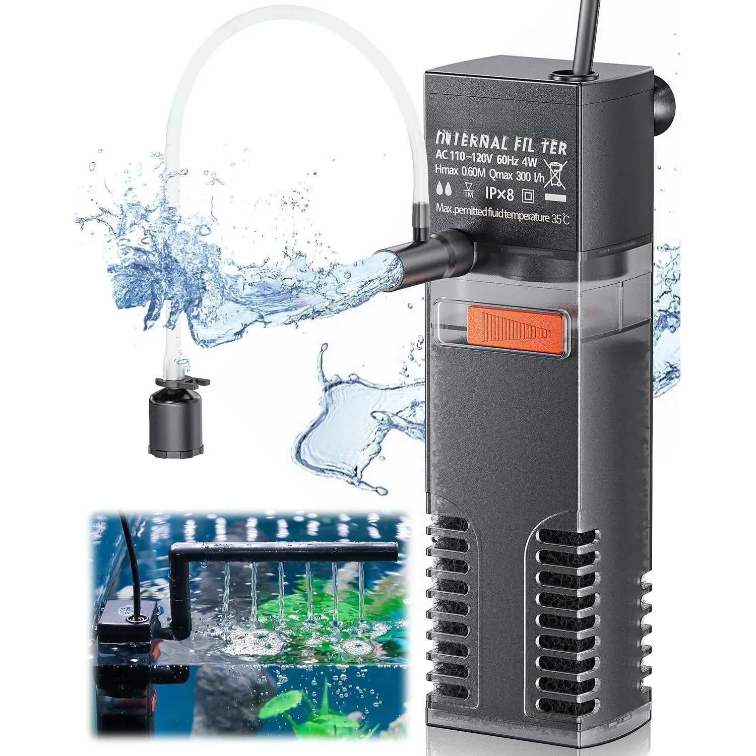 Internal Aquarium Filter with 80 GPH Water Pump Quiet Submersible Bio Sponge  Filter for 10 to 20 Gallon Fish Tanks Small Multifunctional Filter for Filtration Circulation and Oxygenation