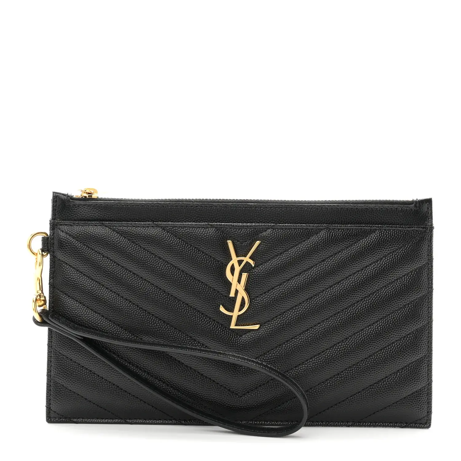 Pre-owned Yves Saint Laurent Leather Small Leather Goods Grain De Poudre Chevron Monogram Large Bill Pouch Black