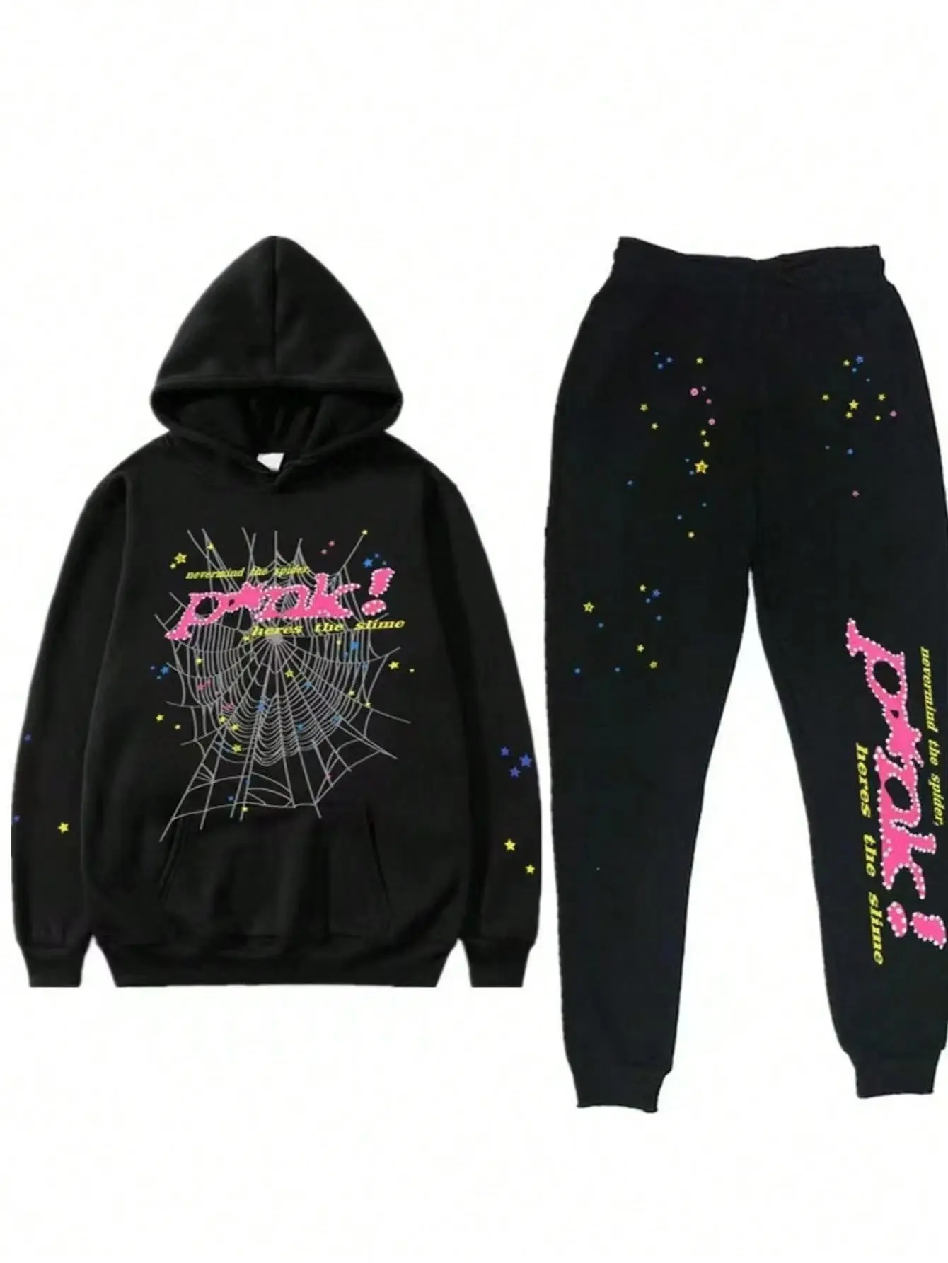 Nevermind the Spider Hoodie Print Short Fashion Menswear Sweaters Tops 2pc Per Set in Black with Unique Graphic Design - Pants, Clothes
