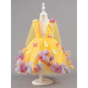 Girls' Fluffy Yarn Gradient Rainbow Princess Dress with Front and Bow, Random Color - Perfect for Youngsters's First Birthday/Photo Shoots/Performances/Proms