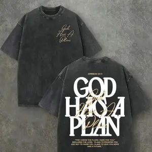 Vintage Washed God Has A Plan Jeremiah 29:11 Double Sided Scripture Graphic T-Shirt Christian Faith Oversized Unisex Distressed TeeDistressed Acid Wash Black Tshirt | Retro Gold Cursive God Has A Plan Bible Verse Double Print Casual Oversized Short Sleeve