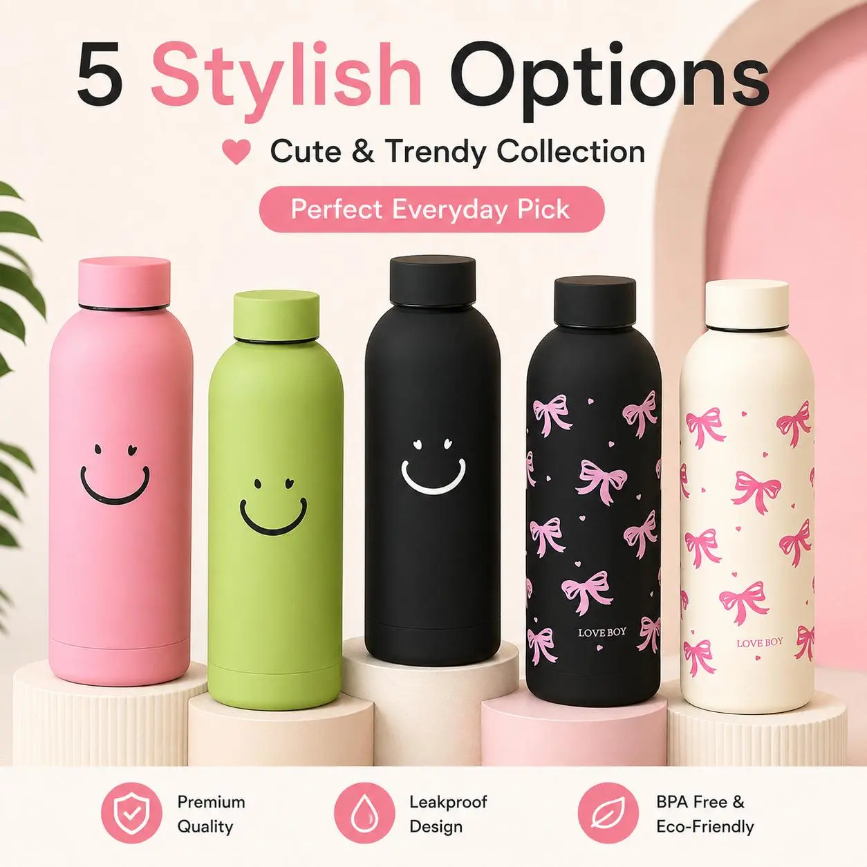 17oz Insulated Stainless Steel Water Bottle - Matte-Finish Leak-Proof Flask with Smile & Bow Print, Hot & Cold Retention, Viral Aesthetic Portable Drinkware for Everyday Gifting