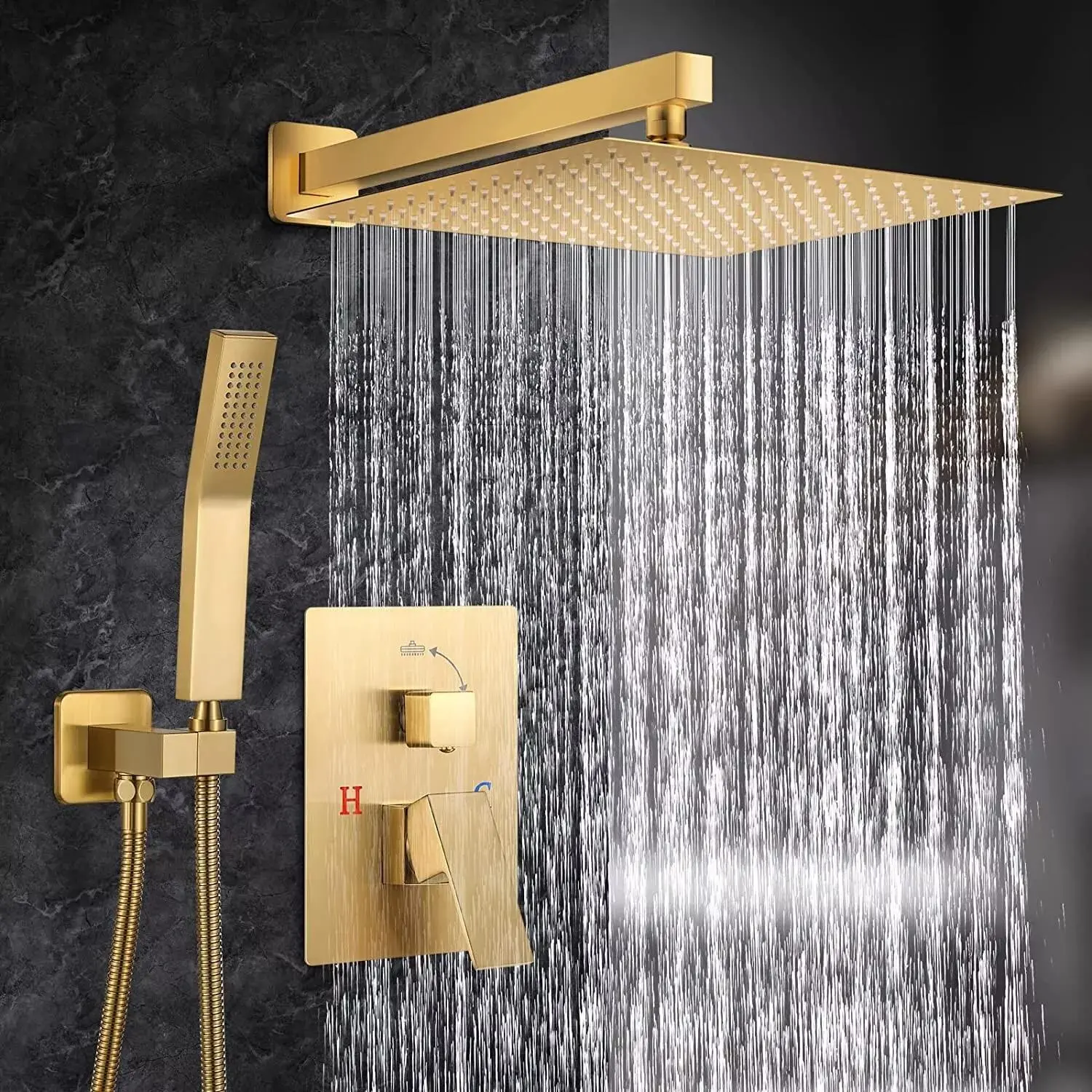 Luxury Rainfall Shower Kit - 8/12 Inch Square High-Pressure Fixed Rain Showerhead, Handheld Sprayer, Wall-Mounted Faucet Set, Brushed Gold - For Bathroom Remodeling, Homeowners' Gift, High-Pressure Fixed Showerheads
