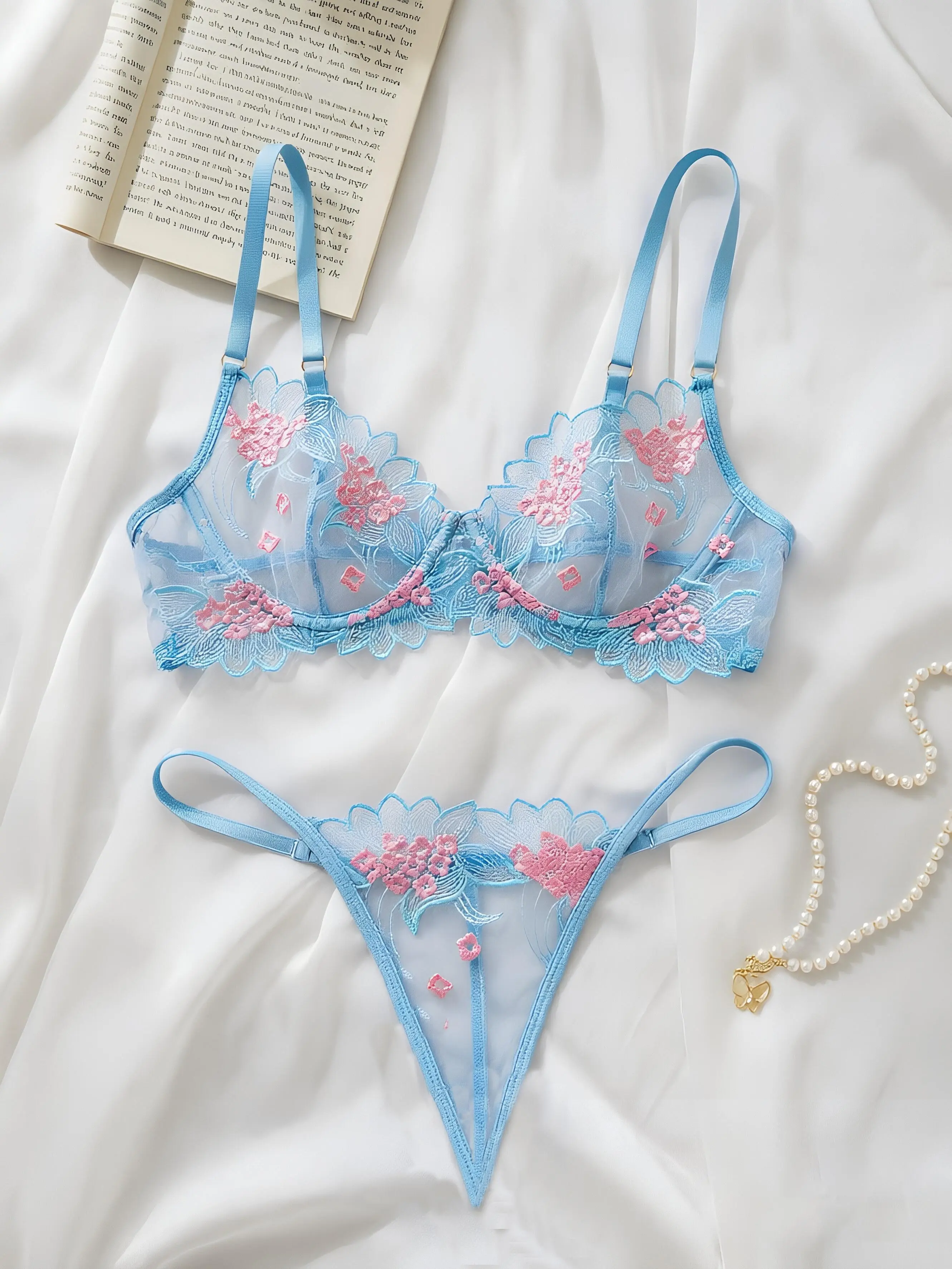 Lady's Lingerie Set with Floral Embroidery, 2-Piece V-Neck Lace Trim in Polyester with a Comfortable Fit for Date Night, Elegance, Halloween, Thanksgiving, Valentines Day, Underwear Sets, Holiday, Childrens Day, All Season, Hand Wash Only, New Year, Songk
