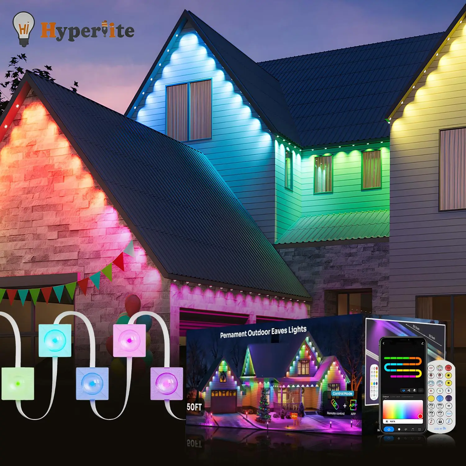 HYPERLITE Smart Outdoor Eaves Light - RGB IC Color Changing IP68 Waterproof LED Strip, App & Remote Control, Dimmable, Energy-Saving, Timer Mode, Music Sync, for DIY Home Decor (Fairy Lights, Smart Lighting, LED Programmable, Dimmable RGB), Fairy Lights O