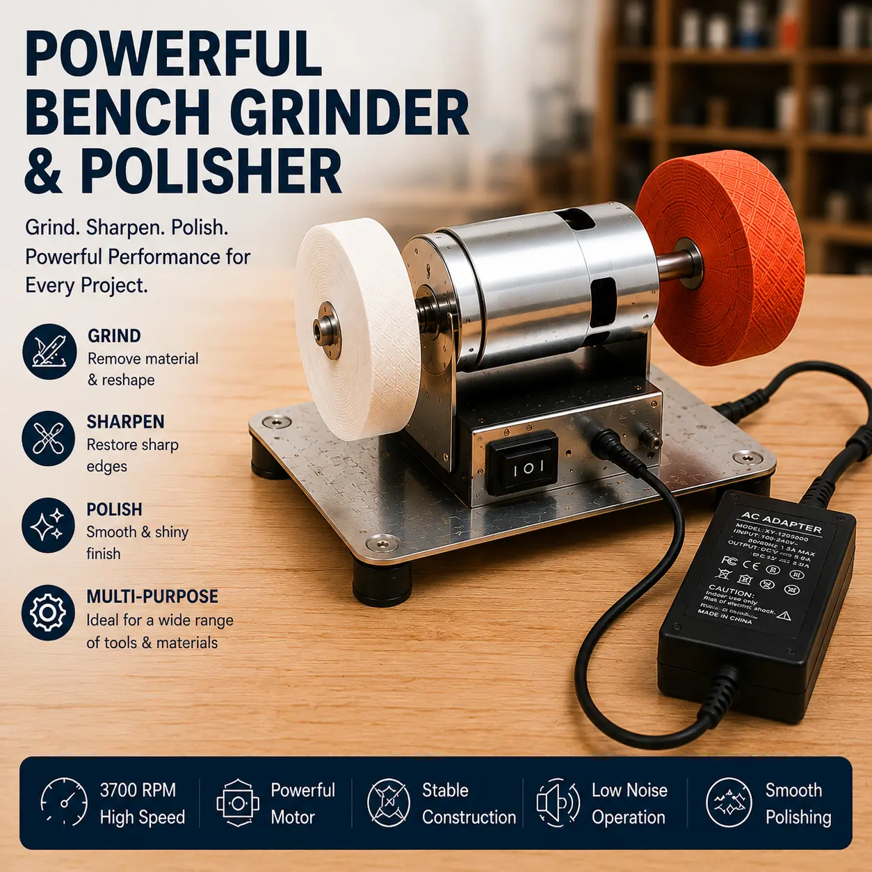 96W Mini Bench Grinder Power Tool with 2 Grinding Wheels - 3000-6000 RPM Electric Benchtop Sander, Multi-Purpose Metal Tool with Forward/Reverse Switch for Woodworking, Knife Making (6.3*3.9*3.9in), Power Tools
