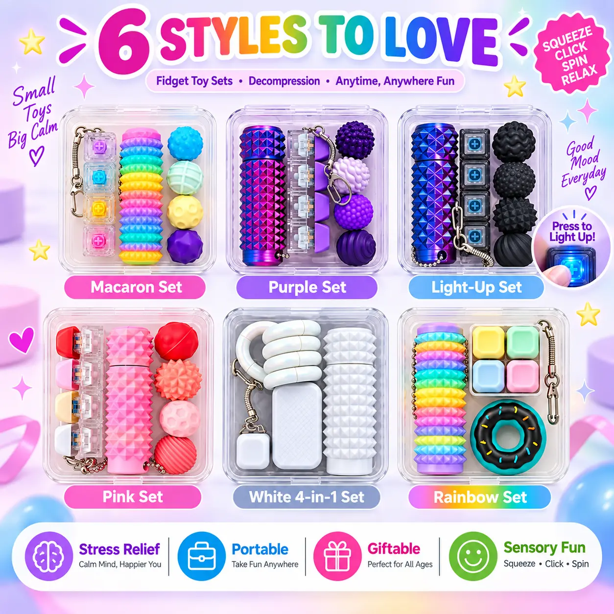 Portable 3-in-1 Fidget Toy Kit - Spiky Grippie Stim Keychain, Mini Pop Keyboard Clicker with ASMR Sounds, Magnetic Stress Balls for Fidget Fun & Rainbow Vibes, Small Gift for Ages 6+