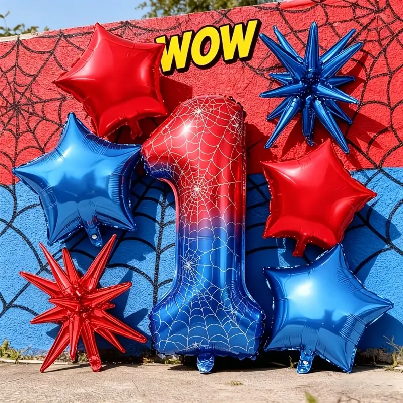 7pcs Superhero Theme Balloon Set, Balloon Decorations Kit, 32-Inch Number Balloons 0-9, Star & Explosion Balloons, Birthday Party Decoration, Balloon Party Supplies