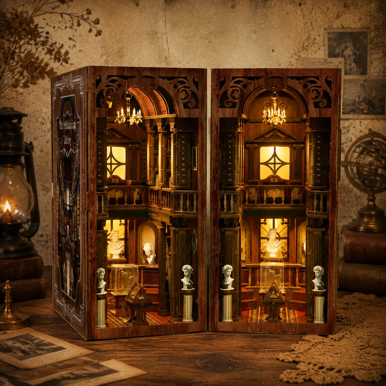 Vintage Secret Library Wooden 3D Book Nook Lamp