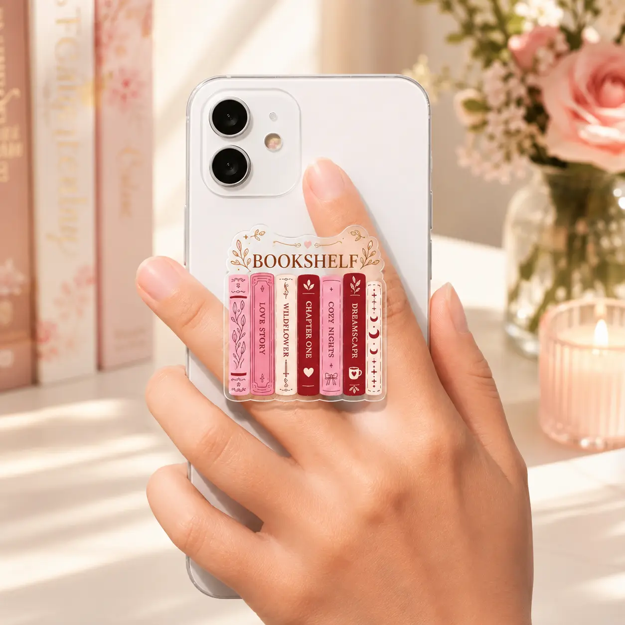 BookTok Bookshelf Phone Grip, Aesthetic Pink Pop Socket, Cute Bookworm Phone Stand Accessory
