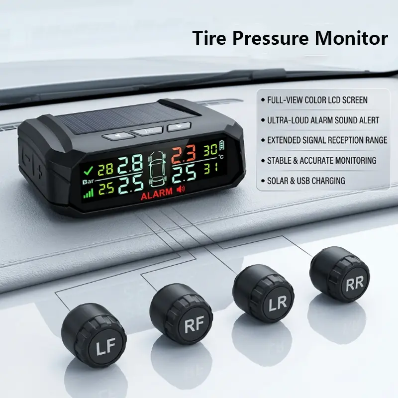 Solar Powered Wireless TPMS Tire Pressure Monitoring System, Car Tire Temp Pressure Real-Time Monitor with 4 External Sensors, USB Charging, Auto Alarm for SUV Truck Pickup RV