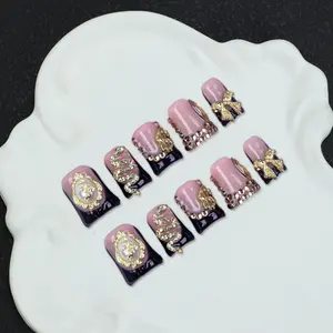 10 handmade Y2K style duckbill nail patches, nude and black, French Tips Nails, crystal, snake pattern, flower, planet, daily wear, hand drawn 3D gold gradient nail design, suitable for women and girls, with accessories included