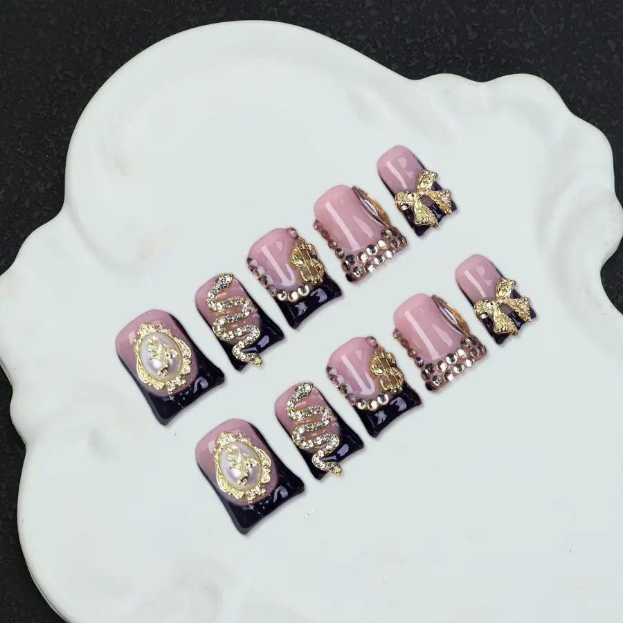 10 handmade Y2K style duckbill nail patches, nude and black, French Tips Nails, crystal, snake pattern, flower, planet, daily wear, hand drawn 3D gold gradient nail design, suitable for women and girls, with accessories included, Diy Nail Art