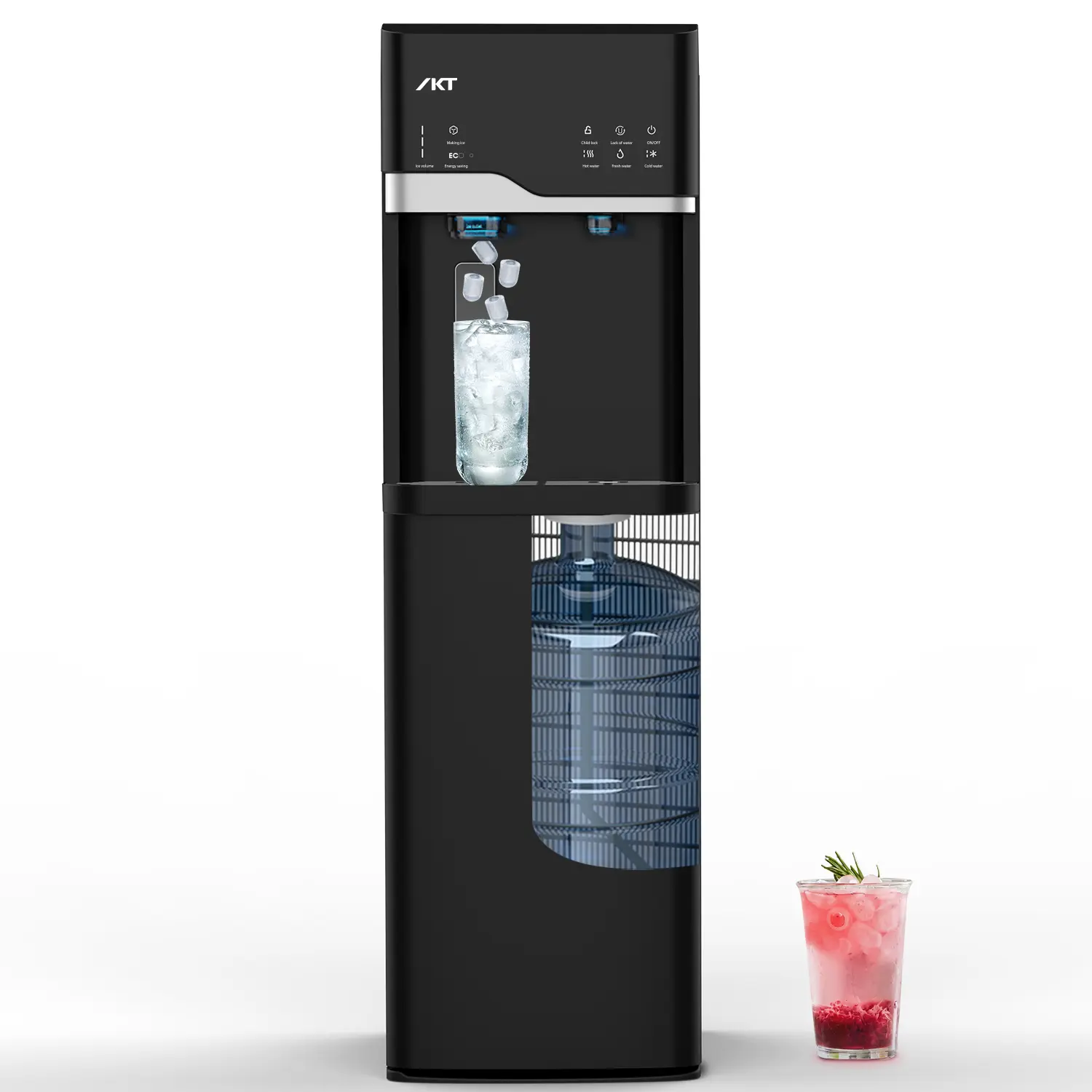 IKT Self-Cleaning Bottom Loading Water Cooler Dispenser with Ice Maker, ABS, Empty Bottle Alert, 3&5 Gal Compatible, 22 lbs Daily Capacity, Hot & Cold Water, Child Safety Lock, Black, for Home & Office