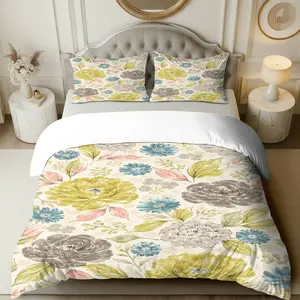 3PCS Duvet Cover Set, 1 Duvet+2 Pillowcases(Without filler), Floral Botanical Garden Spring Nature Harmony theme, Mother's Day bedding set, Floral Pattern Suitable for decoration Bedroom, Guest Room, Hotel, Cottage.
