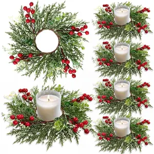 Christmas Candle Ring Wreath Kitchen Cabinet Mini Christmas Table Centerpiece Cylindrical Candle Ring Front Door Window Chair Decor (8-Piece Set)