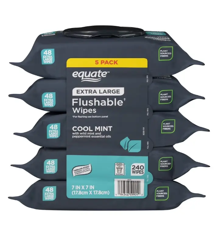 5 Pack Extra Large Flushable Wet Wipes, Mint, 240 Wipes