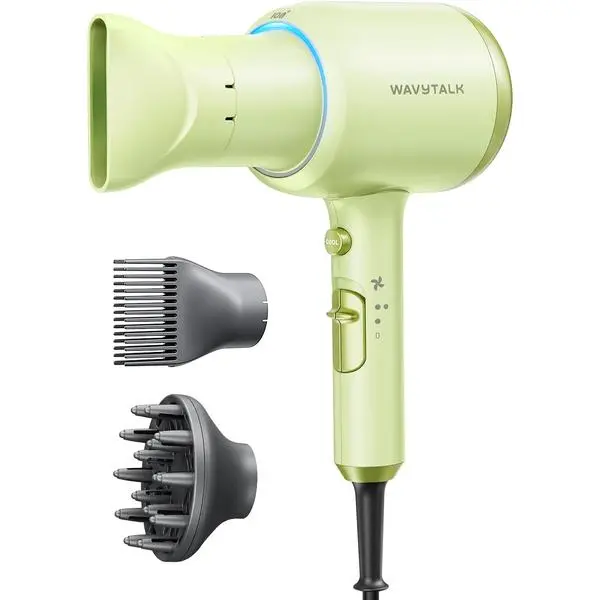 Wavytalk Blown Away Ionic Hair Dryer with Diffuser for Curly Hair | 1875W Fast Drying, 3 Attachments for All Hair Types, Ceramic Healthy Shine, Lightweight & Quiet (Green)