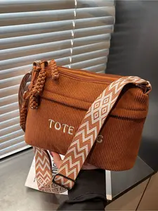 Vintage Corduroy Letter Print Crossbody Bag Adjustable Wide Strap Daily Outing Commute Versatile Women Shoulder Bag