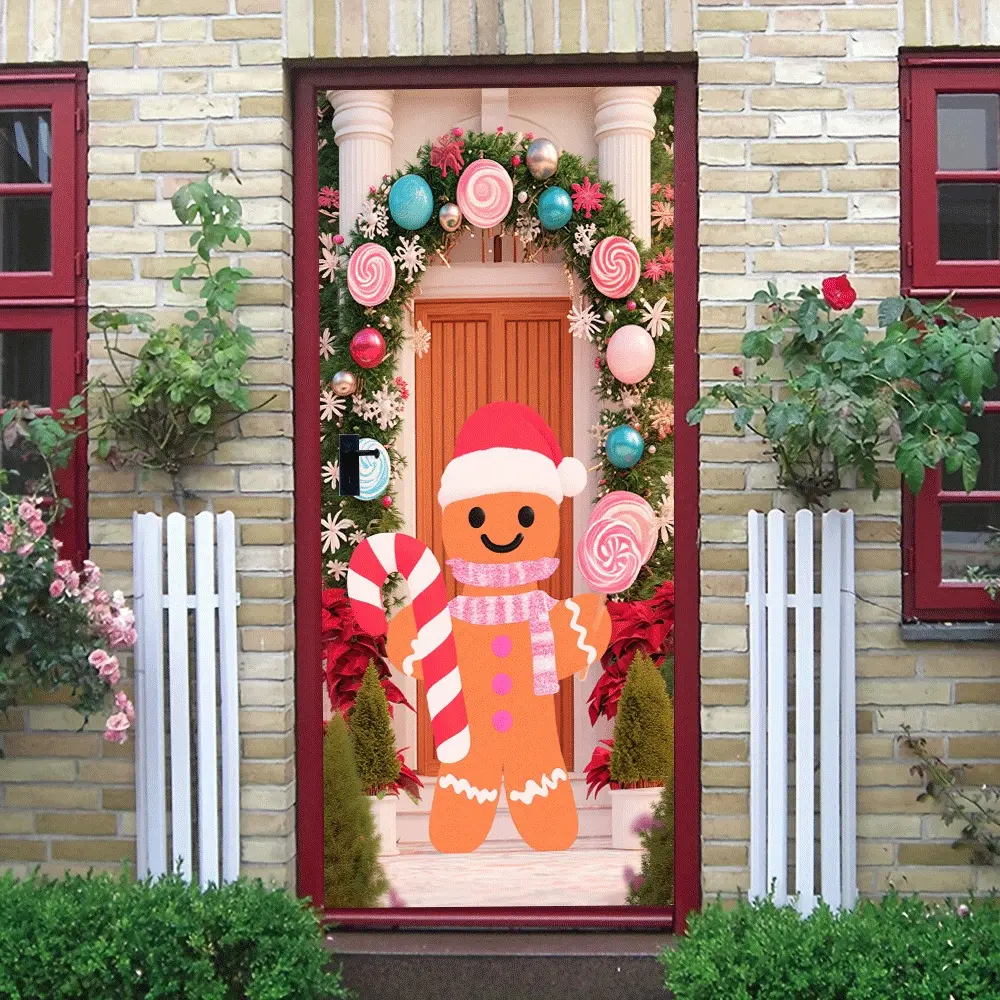 2pcs Christmas Gingerbread Man Door Decor Sticker Self Adhesive Removable Wall Decal for Xmas Party Home Decoration Living Room Bedroom Kids Room Holiday Ornament New Year Festive Supplies