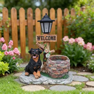 Solar-Powered Puppy Dog Outdoor Statue with LED Light & Succulent/Herb/Flower Planter, Eco-Friendly 2-in-1 Garden Decor, Adorable Lifelike Design, Easy Installation Backyard Garden Accessory