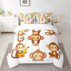 7 Pieces Cute Monkey Comforter Set,Cartoon Monkey Print Bed Set for Kids Boys Girls,Animal Theme Bedding(1 Comforter,1 Fitted Sheet,1 Flat Sheet,2 Pillowcases,2 Throw Pillow Cover)