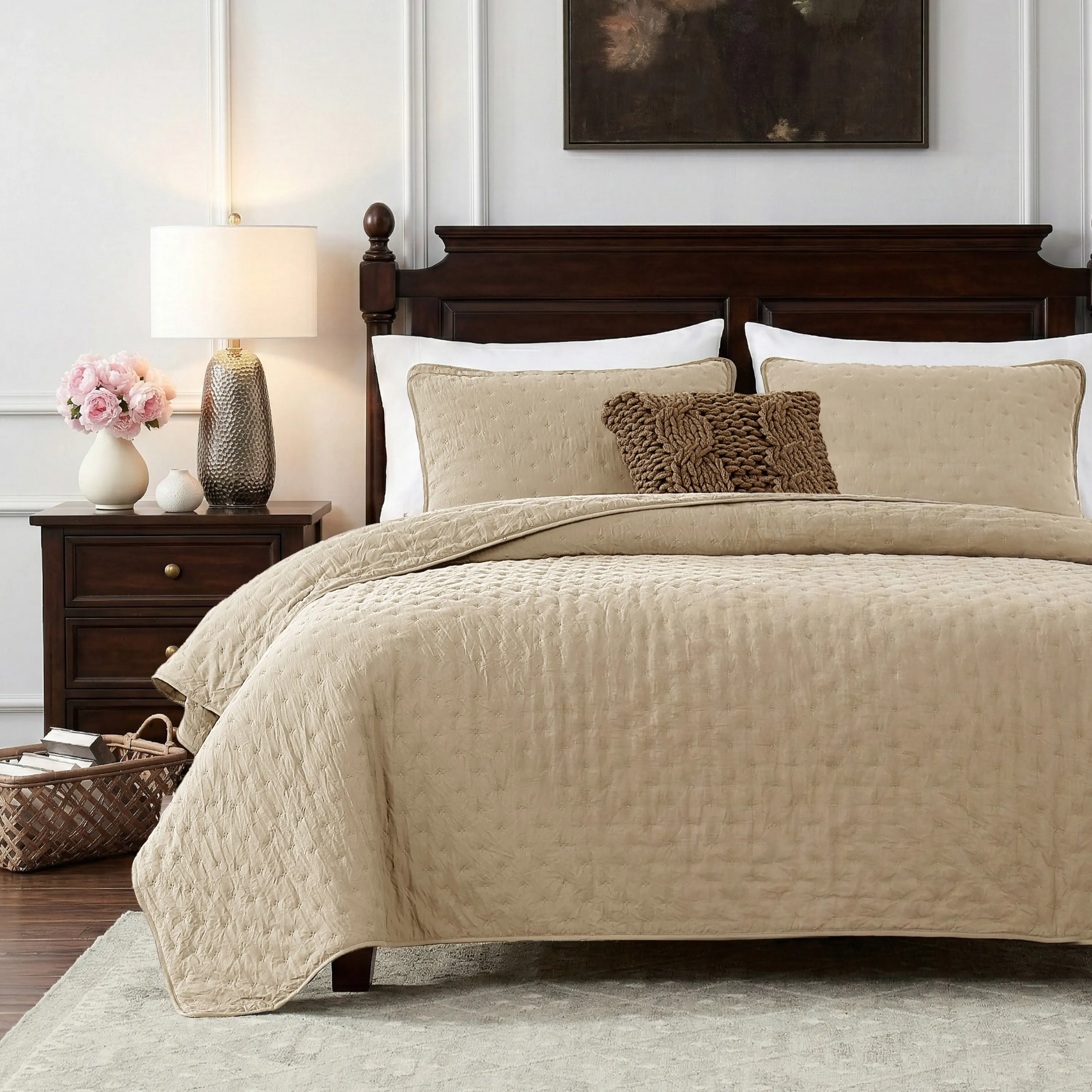 WDCOZY Puff Quilt - Ultrasonic Quilt Set Elegant Beige Bedding with Matching Pillow Shams for Cozy Comfort, Soft & Luxurious outdoorfun,All-Season spring,summer, luxury ,Quilted Bedspread Summer