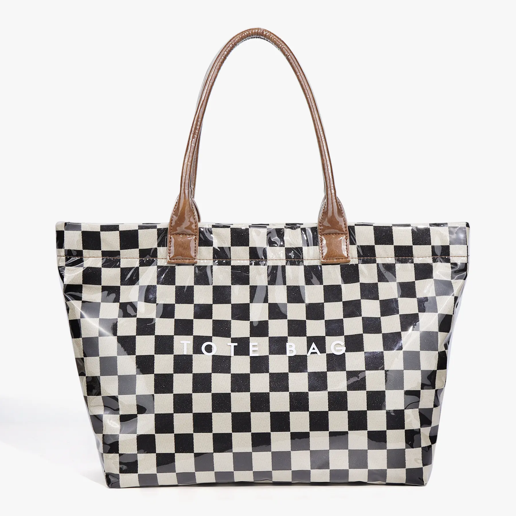 Chessboard pattern casual fashionable handbag, multifunctional women's tote bag, minimalist transparent commuting large capacity work bag, retro style letter printed PVC waterproof shoulder bag suitable for daily carrying bags of students, teachers, work,