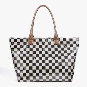Chessboard pattern casual fashionable handbag, multifunctional women's tote bag, minimalist transparent commuting large capacity work bag, retro style letter printed PVC waterproof shoulder bag suitable for daily carrying bags of students, teachers, work,