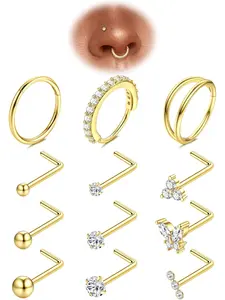 14K Gold Plated Nose Rings for Women - Hypoallergenic Surgical Steel Nose Ring Hoops 20G CZ Screw L Shaped Nose Studs Nose Piercings Jewelry for Women Men