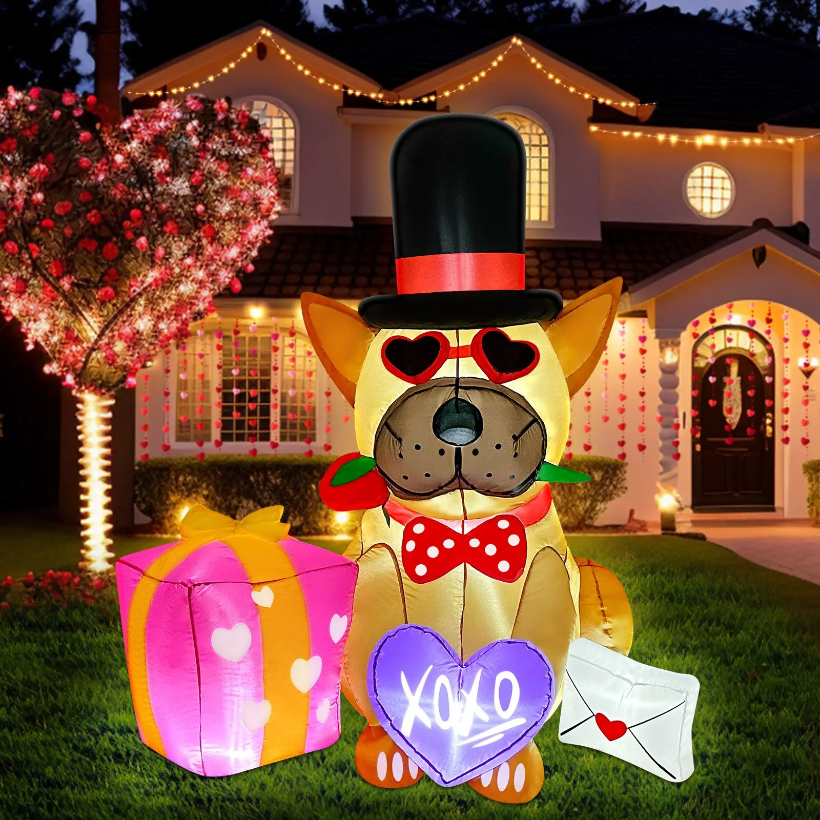 5FT Valentines Day Inflatables Outdoor Decorations, Lovely Puppy Valentines Inflatable Build-in LED Lights, Cute Valentines Blow Up Yard Decorations for Party Lawn Sweet Gift
