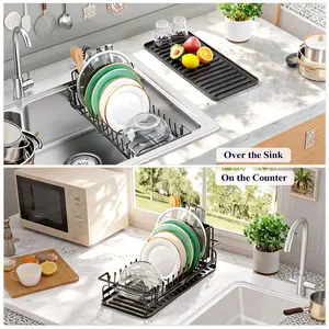 Adjustable Dish Drying Rack with Drain Tray, Kitchen Counter Organizer, Metal Dish Rack, Black Medium