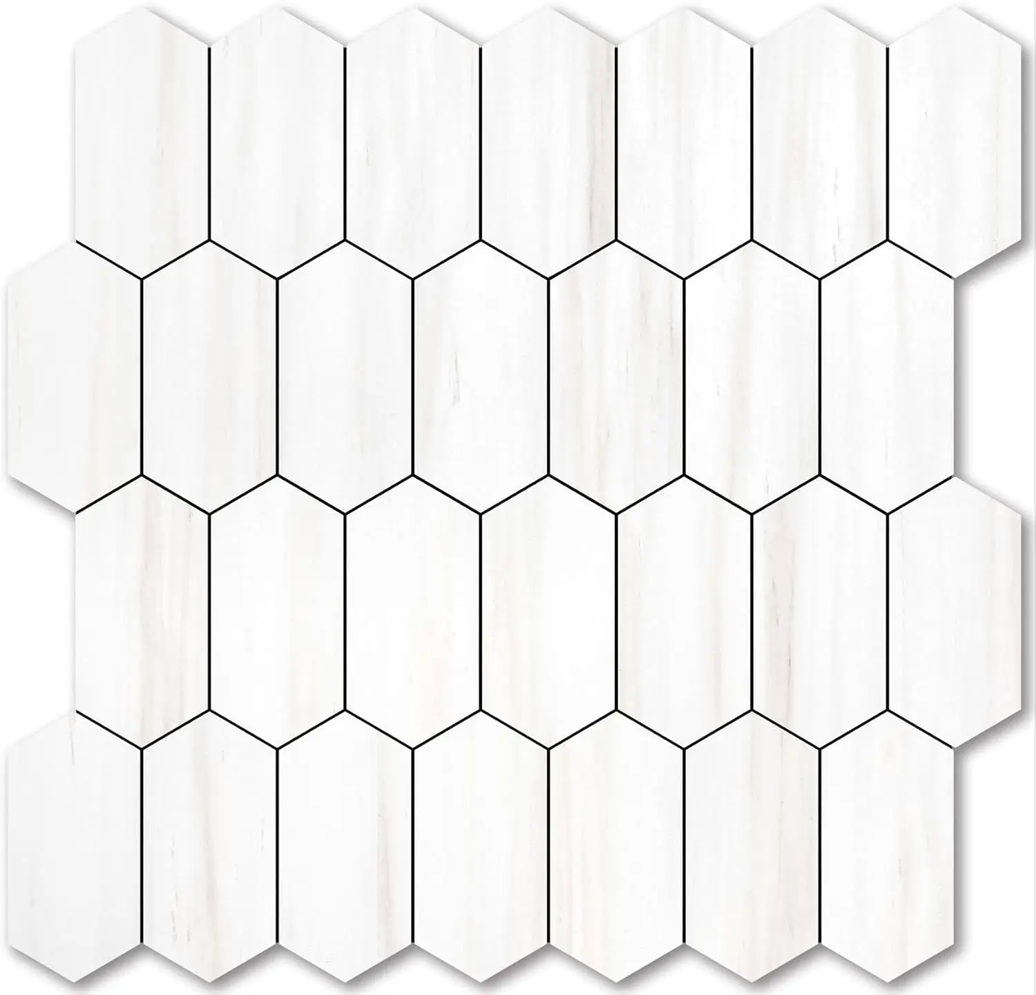 Long Hexagon Peel and Stick Backsplash, 10 Sheets 12.4x12in Synthetic PVC Composite Laminate Mosaic Walls, Realistic Dolomite Marble Texture Self-Adhesive for Kitchen, Bathroom, Showers, Wide Use