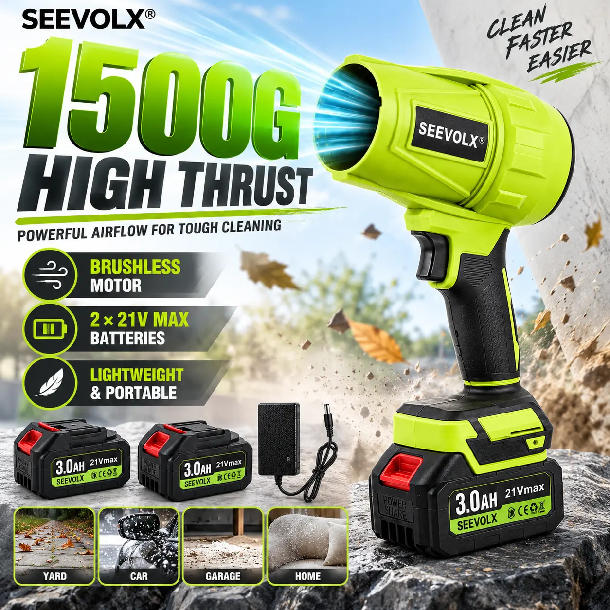 【Weekly Deals】SEEVOLX 1500G Brushless Handheld Cordless Turbo Jet Fan Battery Powered Blower Tool Kit, 2×21V Lithium Batteries & Charger, Portable Air Duster for Leaf, Lawn Care