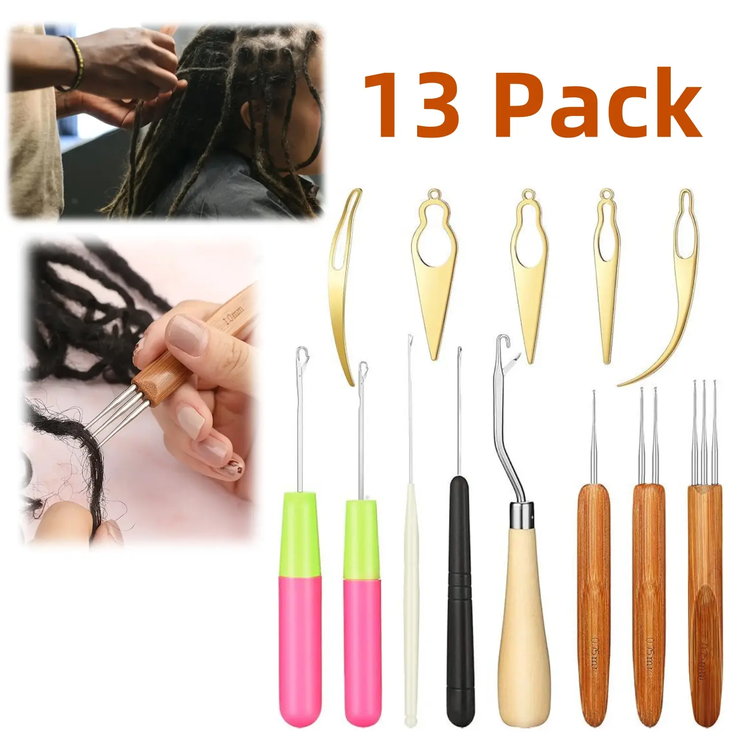 13-Piece Dreadlock Crochet Set Kit, Multi-Size Bent Latch Hooks for Hair Braiding, Tightening & Decoration (Home Improvement Building Supplies Accessory)