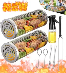Rolling Grilling Baskets for Outdoor Grill Bbq Net Tube Stainless Steel Large round Mesh Barbecue Cylinder Cage Cooking Accessories for Veggies Vegetable Fish Camping, Gift for Men Dad Husband Him