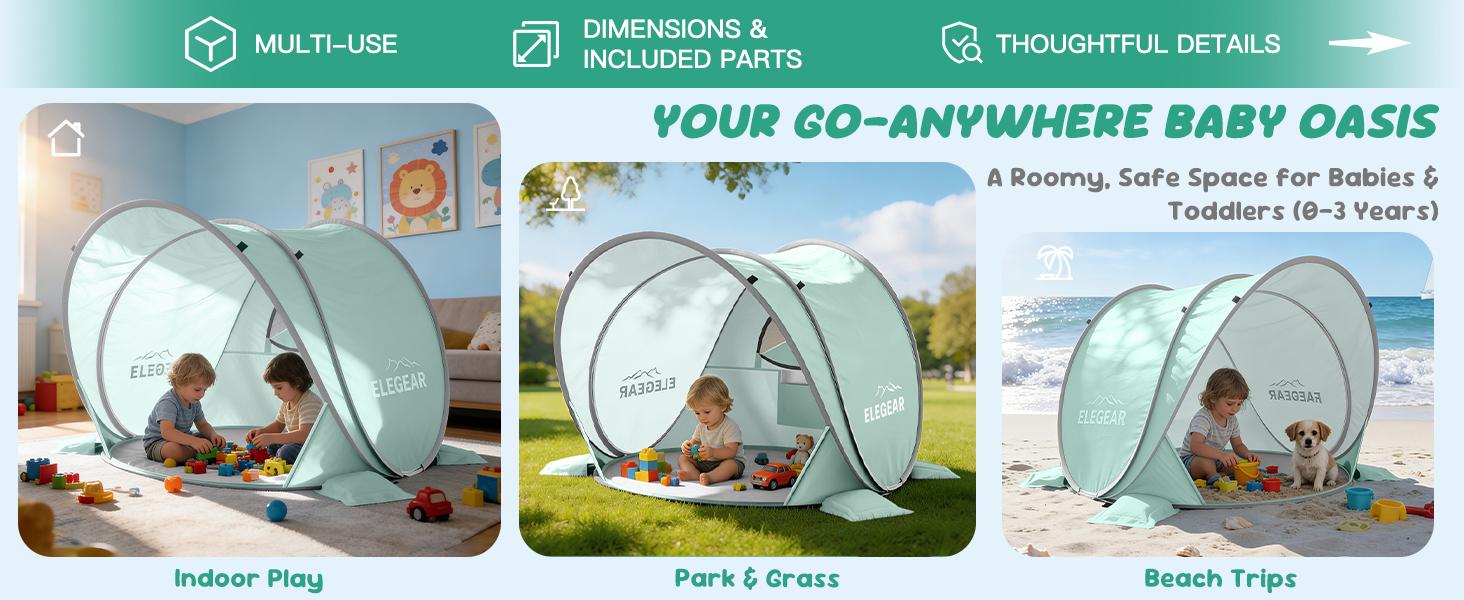 Elegear Pop Up Baby Beach Tent with Mini Canopy, UPF 50+ UV Protection, 1S Setup Portable Sun Shelter for Infant Outdoor Indoor Play - Blue