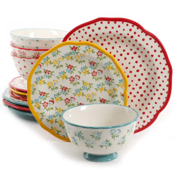 The Pioneer Woman Timeless Floral & Retro Dot 12-Piece Dinnerware Set, Multicolor