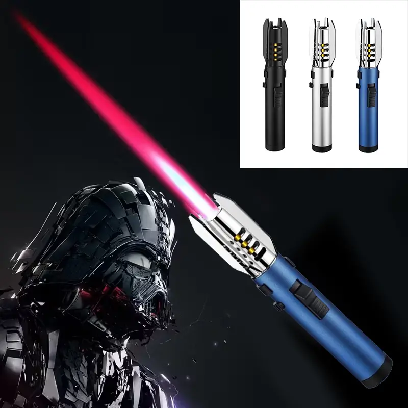 Large flame torch, adjustable with refillable red flame, features a bright igniter with safety lock and switch lock. Windproof flame torch with large butane gas tank, suitable for emergencies, campfires, barbecues, and gifts (butane gas not included) outd